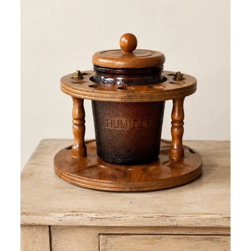 Vintage Round Wood Tobacco 10 Pipe Rack With Amber Duraglas Glass Humidor Jar